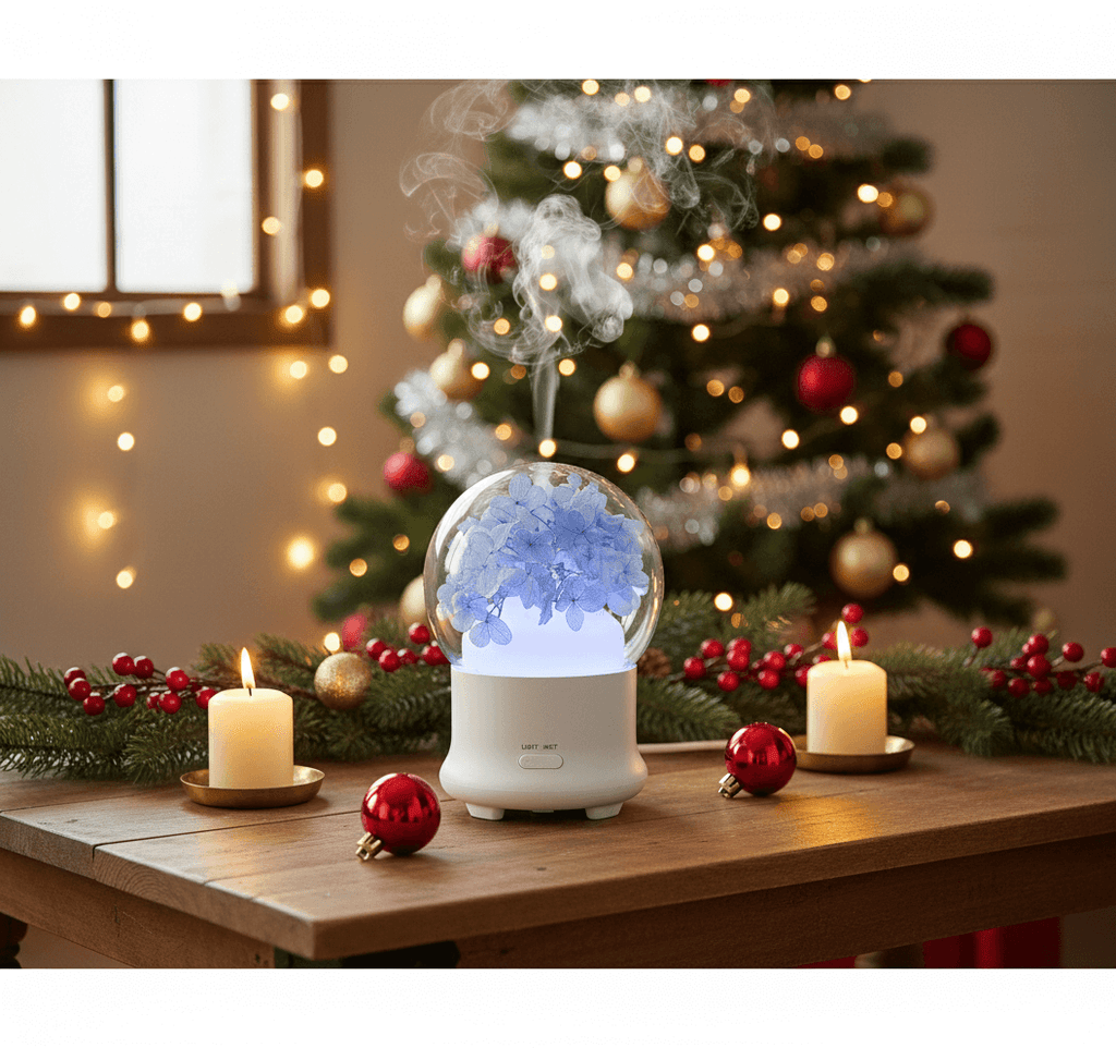 Diffuseur huile essentielle sur table avec sapin en fond