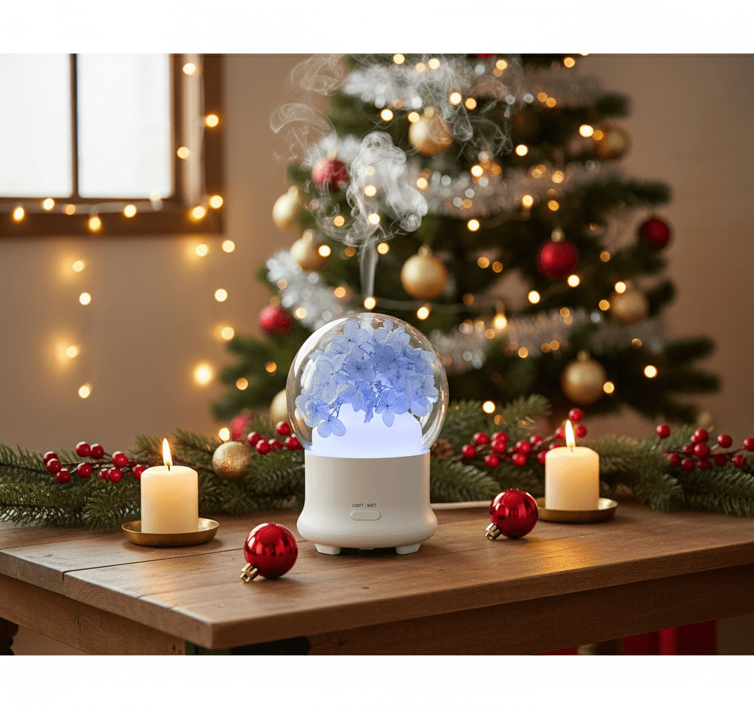 Diffuseur huile essentielle sur table avec sapin en fond