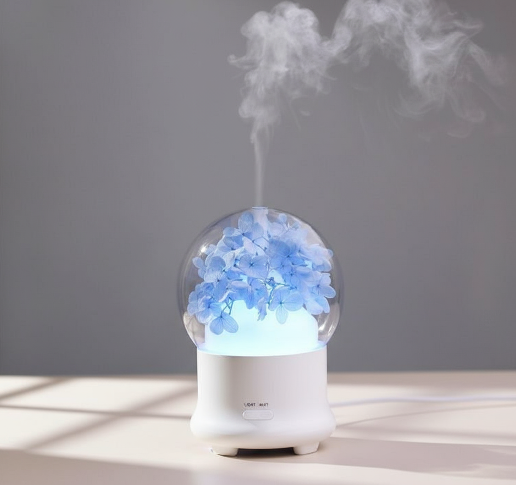 Diffuseur floral bleu d'huile essentielle sur fond neutre